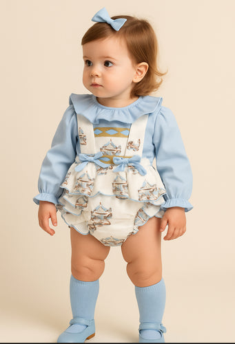 Babine Baby Girl Carousel Blue Blouse & Romper Set