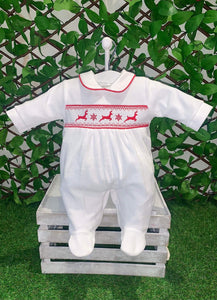 Dandelion Baby Boys Velour Reindeer Baby Grow - White & Red