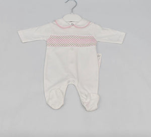 Baby Girls Cotton Smocked Bow Babygrow - White & Pink