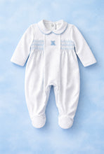 Load image into Gallery viewer, Deolinda Baby Boys Confetti Bunny Smoked Blanket &amp; Baby Grow - White &amp; Baby Blue
