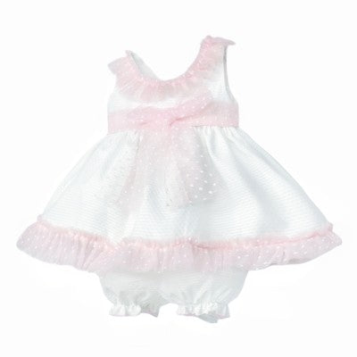WEE ME BABY GIRL WHITE WAFFLE PINK TULLE FRILLY DRESS WITH PANTS