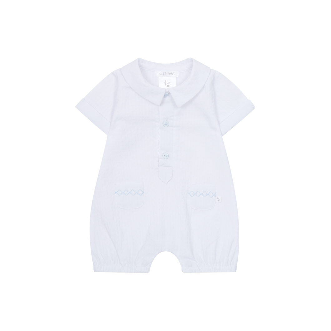 Deolinda Baby Boys Bonbom Smocked Romper - Baby Blue & White