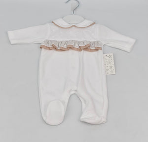 Baby Girls Velour Babygrow - White/Camel