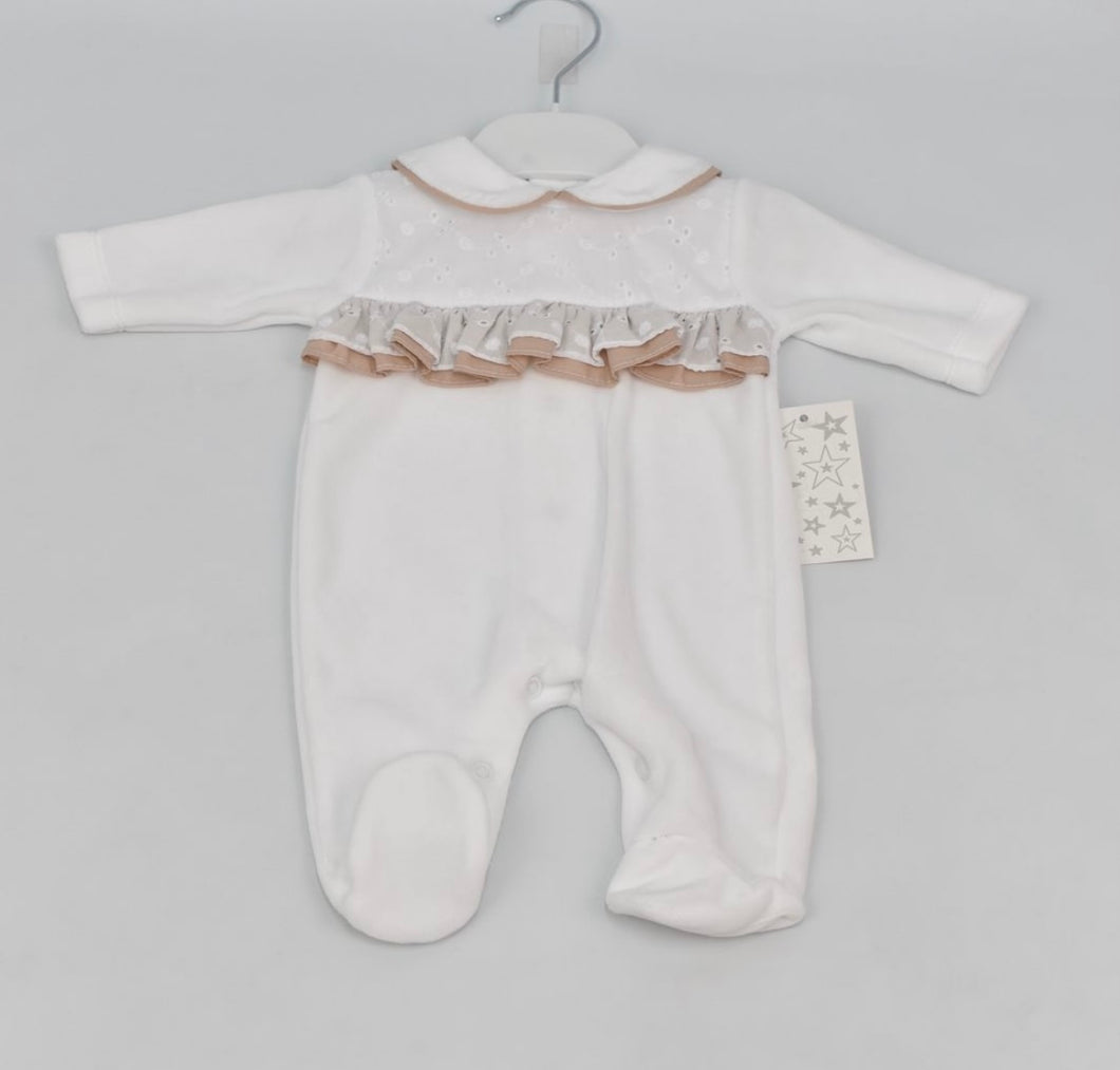 Baby Girls Velour Babygrow - White/Camel