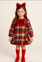 Load image into Gallery viewer, Abel &amp; Lula Girls Red Tartan Dress with Velvet Bow