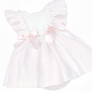 WEE ME BABY GIRL PINK WAFFLE PUFF BALL FRILLY SHOULDER DRESS WITH PANTS