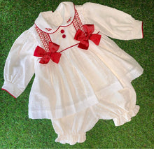 Load image into Gallery viewer, Pretty Originals Girls Smocked Cream &amp; Red Romper Set