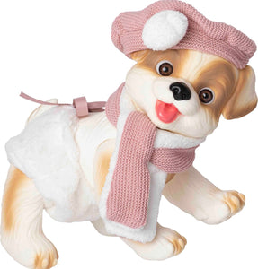 Little White Dog With Pink Scarf & Hat