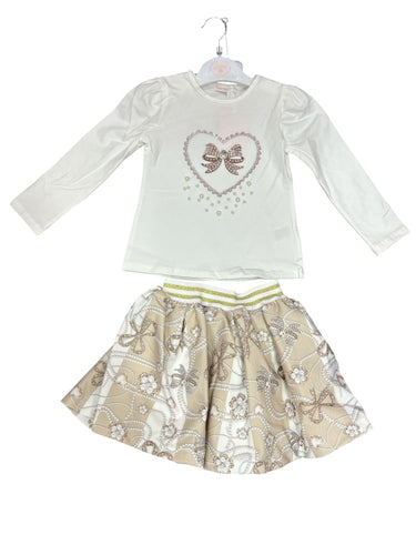 Giorgio Bambini Girls Hearts and Bows Top and Skirt Set - Beige