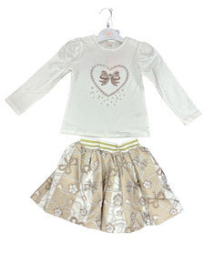 Giorgio Bambini Girls Hearts and Bows Top and Skirt Set - Beige