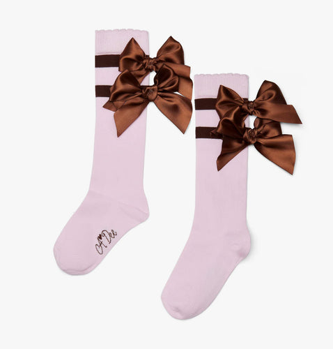 A Dee Girls Initial Icon Maeve Knee High Double Bow Socks - Pink Fairy