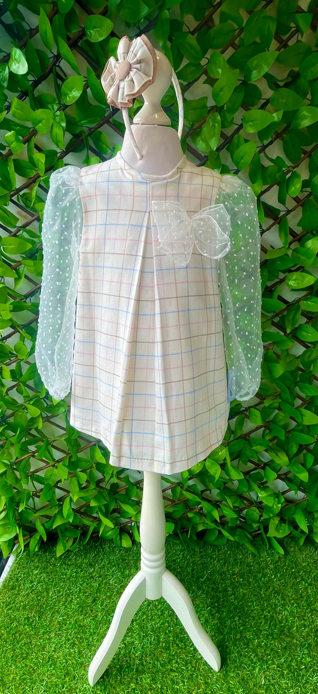 Babine Girls Cream Check Organza Arms Dress