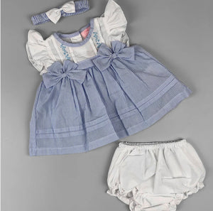 Rock-a-Bye Baby Girl Summer Dress Set – White Bodice, Blue Striped Skirt & Matching Headband