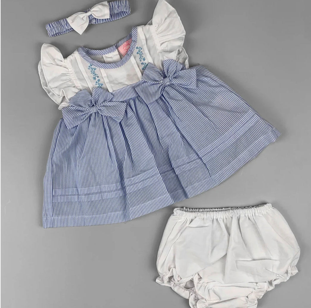 Rock-a-Bye Baby Girl Summer Dress Set – White Bodice, Blue Striped Skirt & Matching Headband