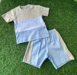 Boys Cotton Short Set - Camel & Blue