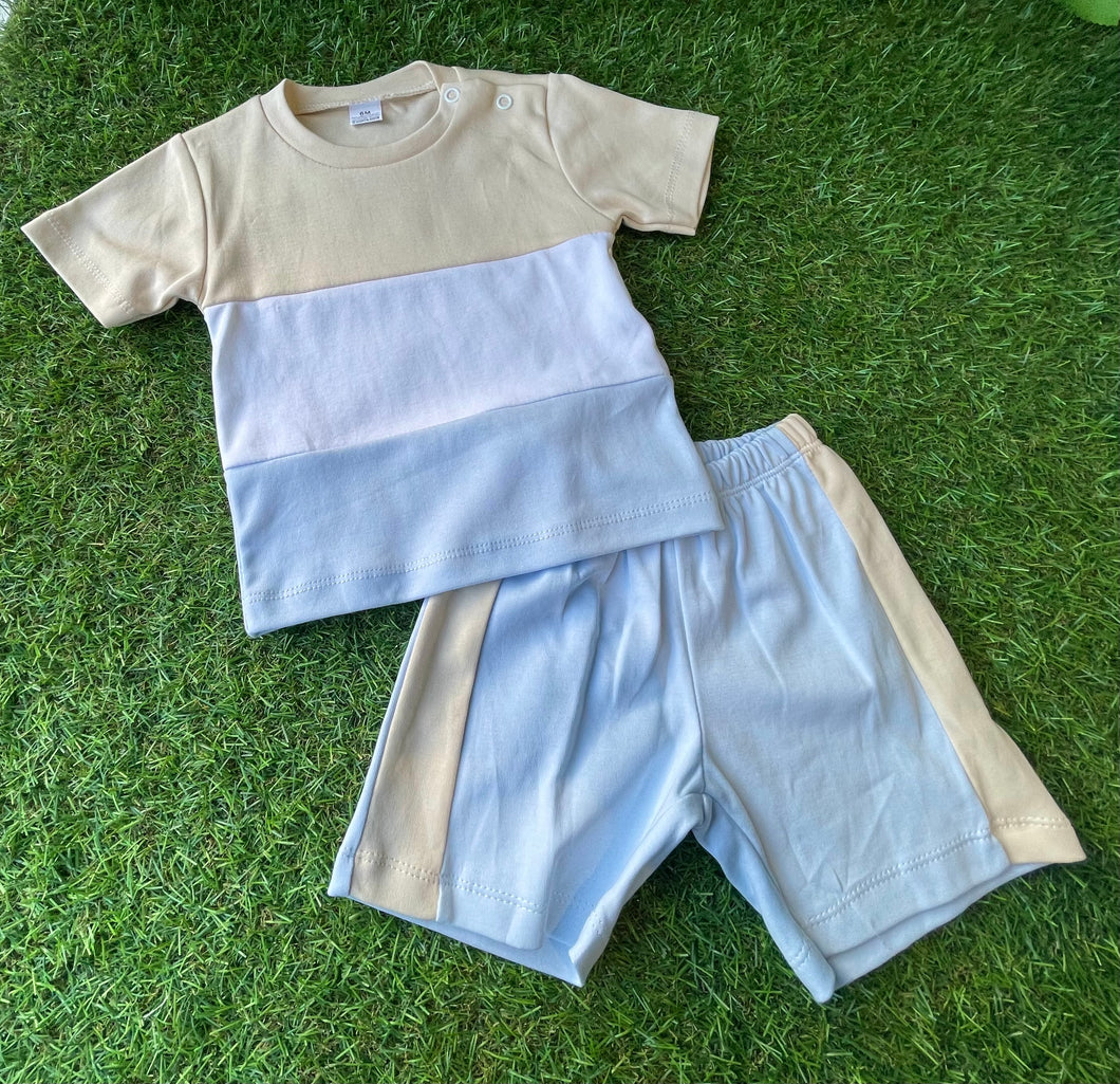 Boys Cotton Short Set - Camel & Blue