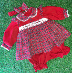 Pretty Originals Girls Smocked Red Tartan Dress & Bloomers