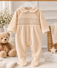 Load image into Gallery viewer, Baby Boys Smocked Velour Baby Grow - Camel
