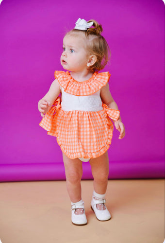 Babine Baby Girls Neon Orange Gingham Dress & Pants Set🧡