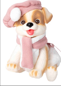 Little White Dog With Pink Scarf & Hat