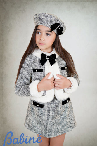 Babine Girls 3 Piece Tweed Blazer Skirt & Beret Suit - Black