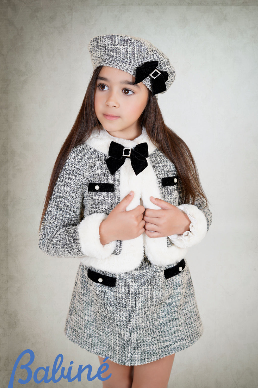 Babine Girls 3 Piece Tweed Blazer Skirt & Beret Suit - Black