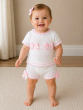 Load image into Gallery viewer, Little  Stars Girls Knitted Bow Jam Pant Set - White &amp; Pink