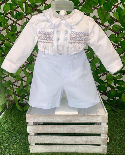 Pretty Originals Boys Smocked Blue & Camel Short Set