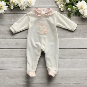 Deolinda Velour Baby Grow in Oink/Ivory presented in a giftbox