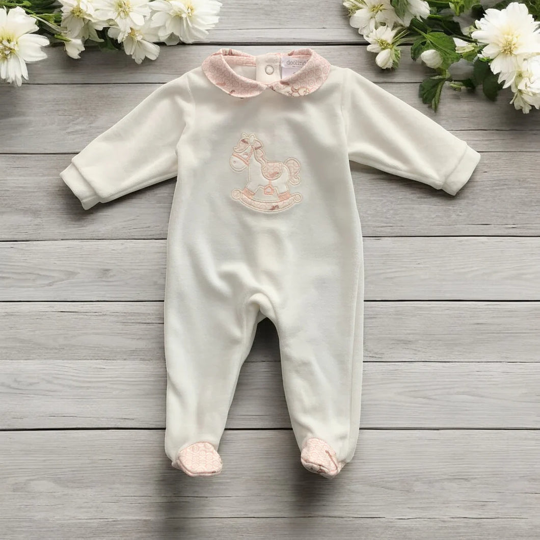 Deolinda Velour Baby Grow in Oink/Ivory presented in a giftbox