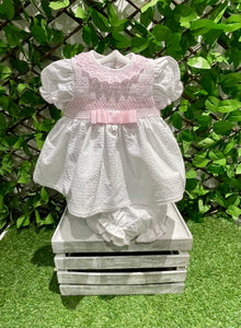 Deolinda Baby Girls Bombon Smocked Dress & Nickers - White & Pink