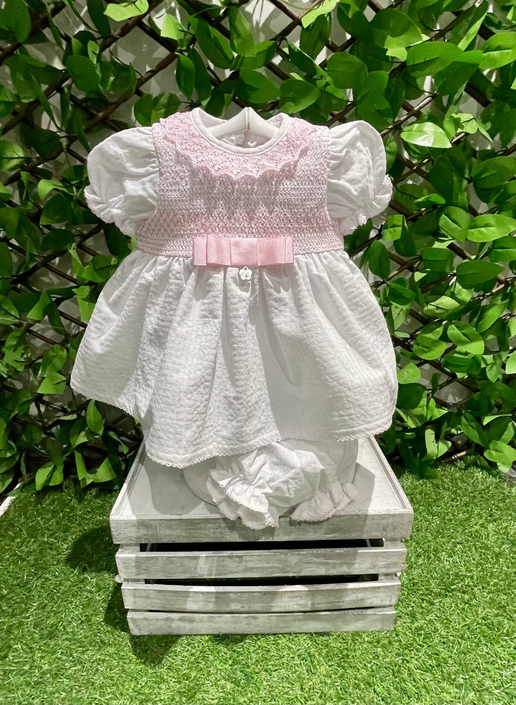 Deolinda Baby Girls Bombon Smocked Dress & Nickers - White & Pink