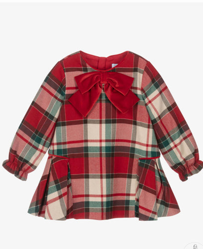 Abel & Lula Girls Red Tartan Dress with Velvet Bow