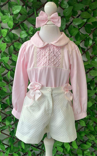 Pretty Originals Girls Pink & Cream Bow Short Set