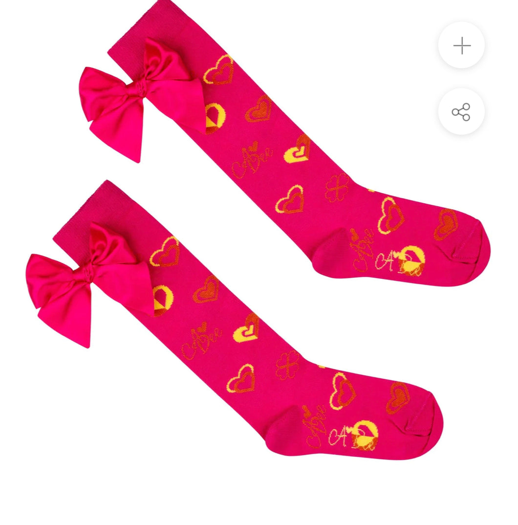 A Dee Mairi Block Heart Print Knee High Sock - Hot Pink