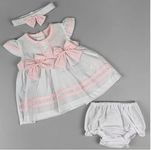 Rock-a-Bye Baby Girl Summer Dress Set – White & Pink with Matching Nickers & Headband