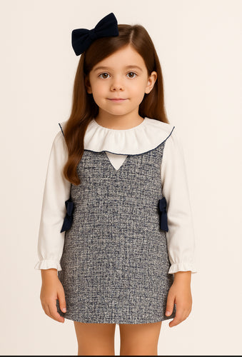 Mayoral Girls Tweed Combined Pinafore Dress - Navy & White Ocean