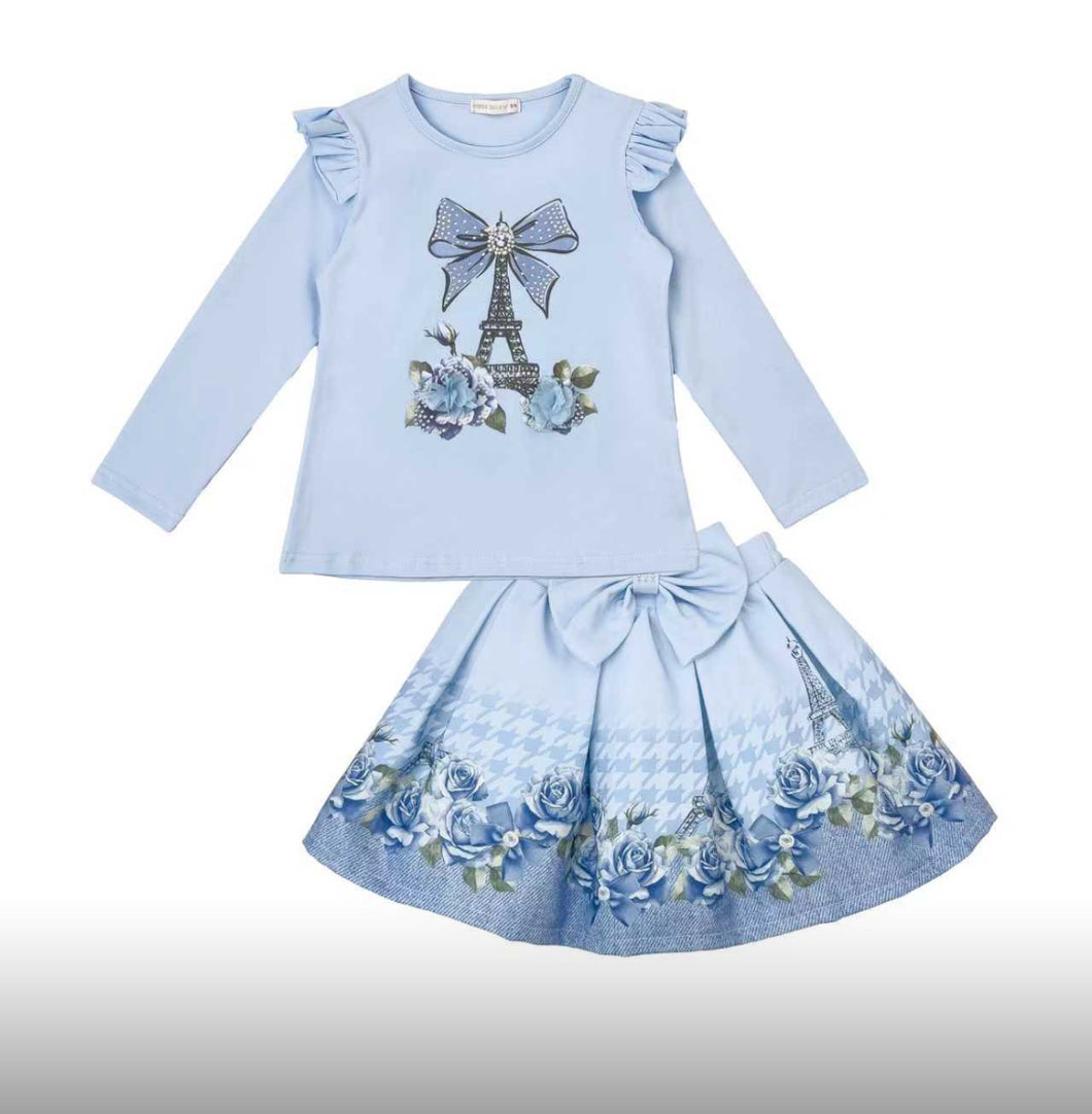 Giorgio Bambini Girls Parisian Rose Top and Skirt Set - Blue