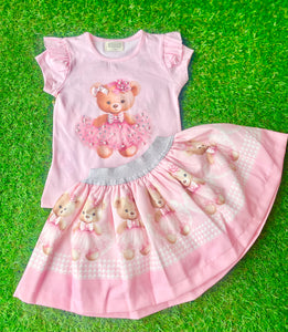 Girls Neon Teddy Bear Skirt Set - Pink