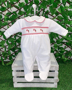 Dandelion Baby Girls Velour Candy Cane Baby Grow -White & Red