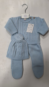 Baby Boys Cable Knitted Set with Pom-Pom Hat - Baby Blue