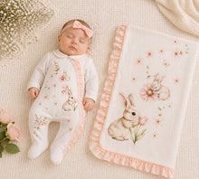 Load image into Gallery viewer, Jamik Baby Girls Kelma Ruffle Babygrow &amp; Ruffle Swaddle Set - Ivory Pale Peach