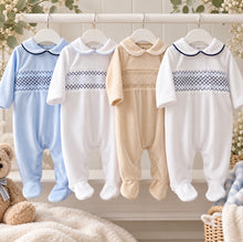 Load image into Gallery viewer, Baby Boys Smocked Velour Baby Grow - Baby Blue/Navy