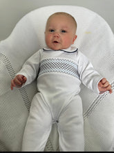 Load image into Gallery viewer, Baby Boys Smocked Babygrow - White &amp; Navy