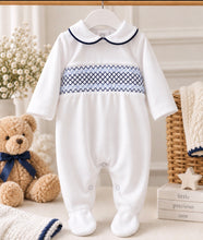 Load image into Gallery viewer, Baby Boys Smocked Velour Baby Grow - White/Navy