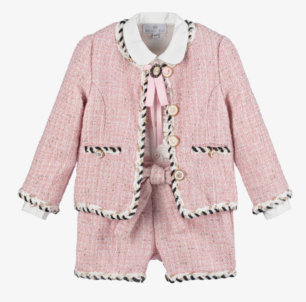 Beau Kid Girls Pink Tweed Shorts Set