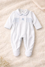 Load image into Gallery viewer, Deolinda Baby Boys Confetti Bunny Smoked Blanket &amp; Baby Grow - White &amp; Baby Blue