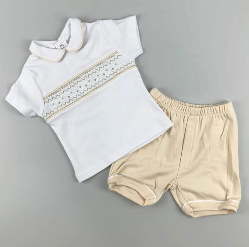 Boys Smocked Soft Cotton Polo Short Set - Camel