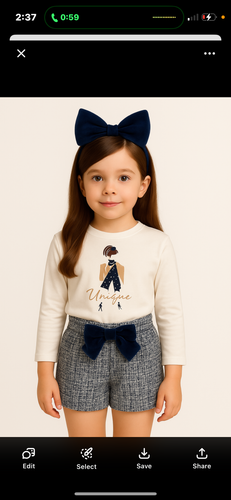 Mayoral Girls Winter Top & Velvet Bow Shorts Set X 2 - Ivory Navy Blue