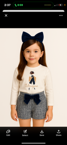 Mayoral Girls Winter Top & Velvet Bow Shorts Set X 2 - Ivory Navy Blue